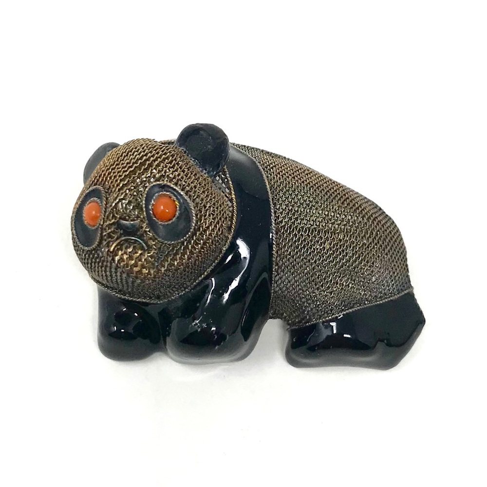 Panda Bear Vintage Gilt mesh filigree enamel Brooch